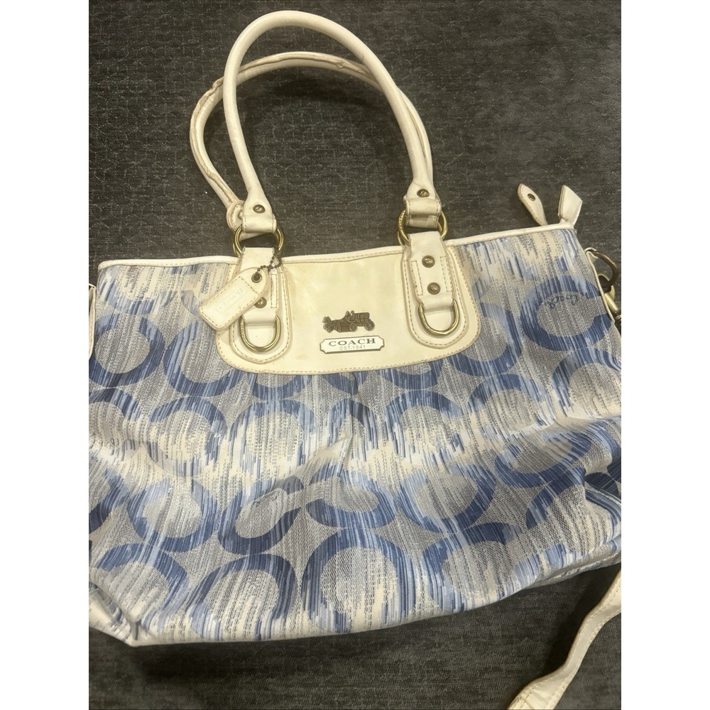 Coach 12960 Signature C Blue White Satchel Shoulder Bag Leather Trim M04K